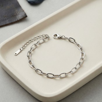 316L Çelik Gümüş Renk Yassı Halka Zincir Model Erkek Bileklik