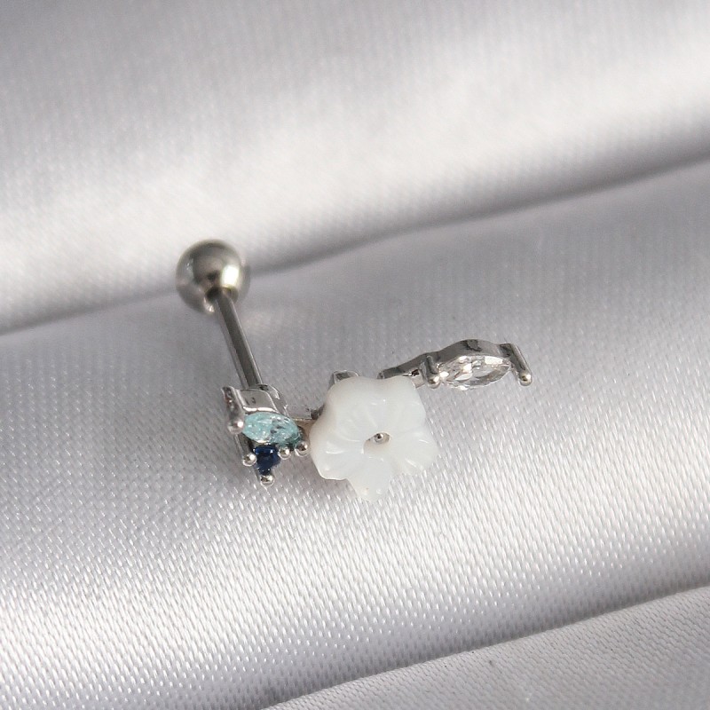 316L Çelik Gümüş Renk Zirkon Taş Detay Beyaz Çiçek Model Tragus Piercing
