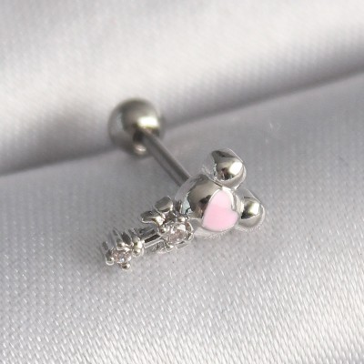 316L Çelik Gümüş Renk Zirkon Taş Detay Pembe Kalp İşleme Tragus Piercing
