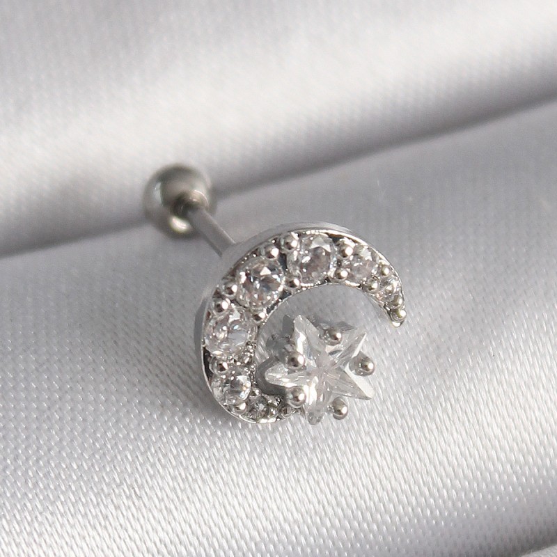 316L Çelik Gümüş Renk Zirkon Taşlı Ay Yıldız Tragus Piercing 316L Çelik Gümüş Renk Zirkon Taşlı Ay Yıldız Tragus Piercing