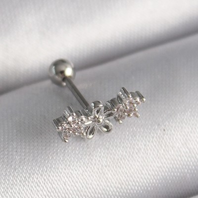 316L Çelik Gümüş Renk Zirkon Taşlı Çiçek Tragus Piercing