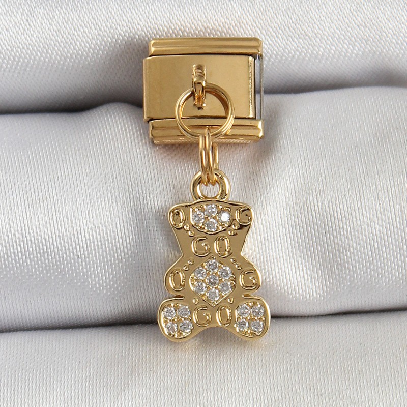 316L Çelik Sallantılı Zirkon Taşlı Ayıcık Model Gold Renk Nomination Charm