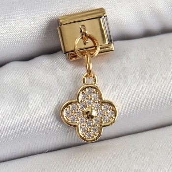 316L Çelik Sallantılı Zirkon Taşlı Yonca Model Gold Renk Nomination Charm 316L Çelik Sallantılı Zirkon Taşlı Yonca Model Gold Renk Nomination Charm