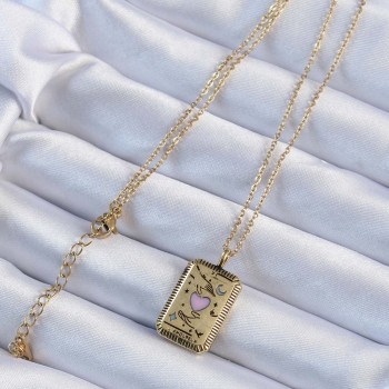 316L Çelik Zincir Eskitme Altın Renk Pembe Mineli Kalp Figürlü Tarot Kolye 316L Çelik Zincir Eskitme Altın Renk Pembe Mineli Kalp Figürlü Tarot Kolye