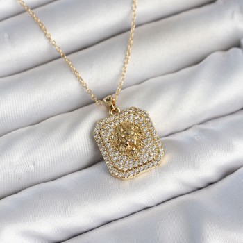 316L Çelik Zincir Gold Aslan Madalyon Model Zirkon Taşlı Kadın Kolye