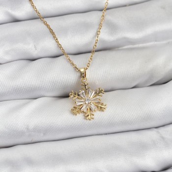 316L Çelik Zincir Gold Renk Kar Tanesi Model Zirkon Taşlı Kadın Kolye