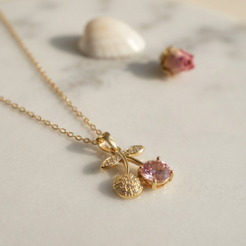 316L Çelik Zincir Gold Renk Pembe Kiraz Model Kolye