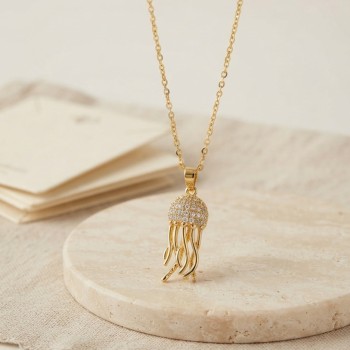 316L Çelik Zincir Gold Renk Zirkon Taşlı Jellyfish Model Kolye