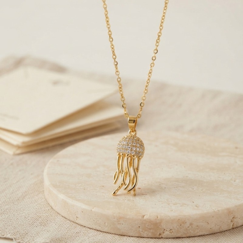 316L Çelik Zincir Gold Renk Zirkon Taşlı Jellyfish Model Kolye 316L Çelik Zincir Gold Renk Zirkon Taşlı Jellyfish Model Kolye