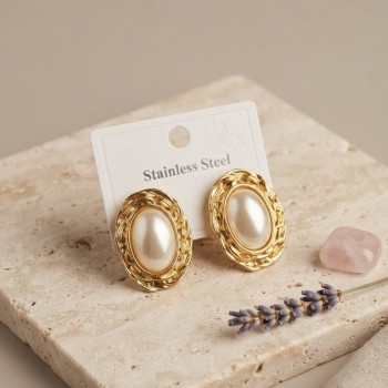 316L Gold Renk Gold Renk Vintage Beyaz İncili Model Küpe