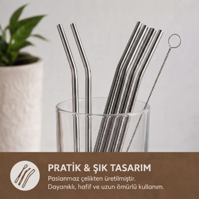 6'lı Kaşıklı Pipet Seti - Metal - Pipet Temizleme Fırçası 