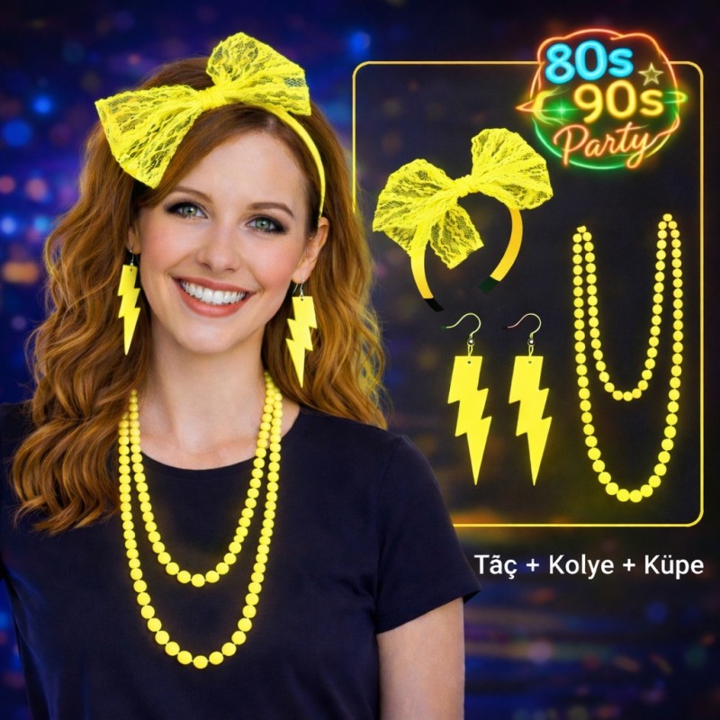 80’ler 90’lar Neon Sarı Parti Seti – Kolye Küpe Taç 80’ler 90’lar Neon Sarı Parti Seti – Kolye Küpe Taç