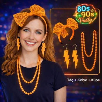 80’ler 90’lar Neon Turuncu Parti Seti – Kolye Küpe Taç 80’ler 90’lar Neon Turuncu Parti Seti – Kolye Küpe Taç