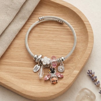 Arı ve Pembe Çiçek Charmlı Gümüş Renk Bileklik