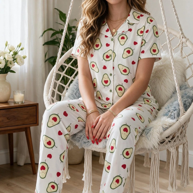 Avokado Desenli Kısa Kollu Gömlek Yaka Milan Kumaş Kadın Pijama Takımı