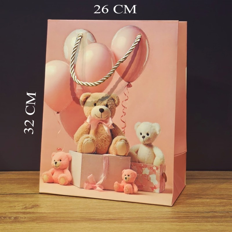 Ayıcık Desenli Pembe Büyük Boy Karton Hediye Çantası Ayıcık Desenli Pembe Büyük Boy Karton Hediye Çantası