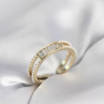 Baget Zirkon Taşlı Gold Renk İncili Kadın Yüzük Baget Zirkon Taşlı Gold Renk İncili Kadın Yüzük
