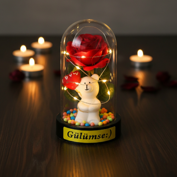 Balonlu Ayıcık Ledli Gül Fanus Balonlu Ayıcık Ledli Gül Fanus