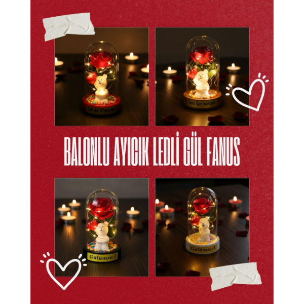 Balonlu Ayıcık Ledli Gül Fanus Balonlu Ayıcık Ledli Gül Fanus