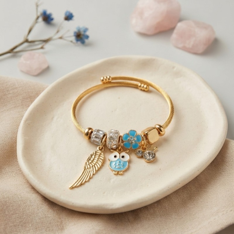 Baykuş Model Gold Renk Charmlı Bileklik
