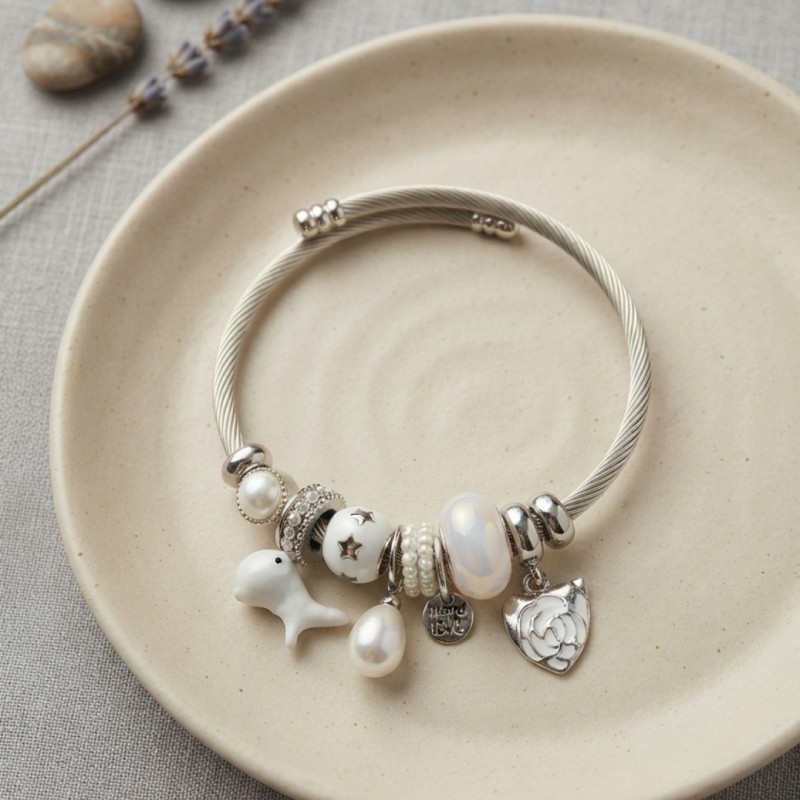 Beyaz Dino Charmlı Bileklik