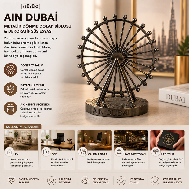 Büyük Boy Metalik Dönme Dolap Biblosu - Ain Dubai Figürü - Krom ve Bakır - Dekoratif Tasarım Büyük Boy Metalik Dönme Dolap Biblosu - Ain Dubai Figürü - Krom ve Bakır - Dekoratif Tasarım