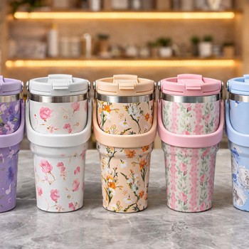 Çiçek Desenli 700 ml Taşıma Kulplu Paslanmaz Çelik Termos Mug Bardak Çiçek Desenli 700 ml Taşıma Kulplu Paslanmaz Çelik Termos Mug Bardak