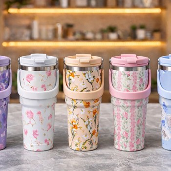 Çiçek Desenli 900 ml Taşıma Kulplu Paslanmaz Çelik Termos Mug Bardak Çiçek Desenli 900 ml Taşıma Kulplu Paslanmaz Çelik Termos Mug Bardak