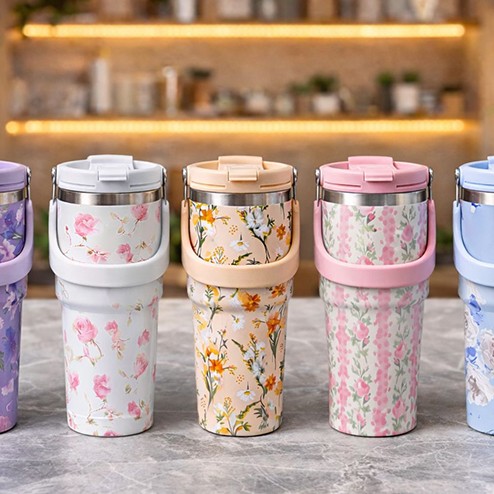 Çiçek Desenli 900 ml Taşıma Kulplu Paslanmaz Çelik Termos Mug Bardak Çiçek Desenli 900 ml Taşıma Kulplu Paslanmaz Çelik Termos Mug Bardak