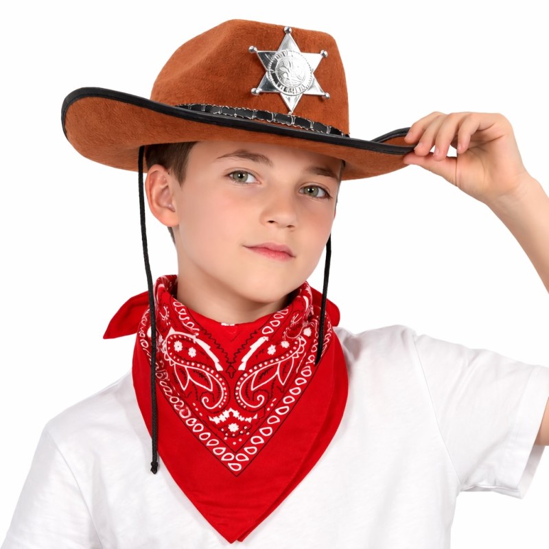 Çocuk Kovboy Şapka Rozetli Kahverengi ve Kırmızı Bandana Seti Çocuk Kovboy Şapka Rozetli Kahverengi ve Kırmızı Bandana Seti