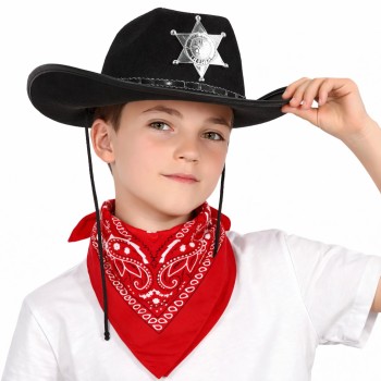Çocuk Kovboy Şapka Rozetli Siyah ve Kırmızı Bandana Seti Çocuk Kovboy Şapka Rozetli Siyah ve Kırmızı Bandana Seti