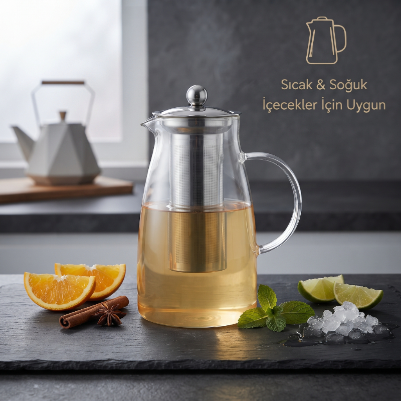 Detoks Sürahisi - 1500 ml - Paslanmaz Çelik Filtre - Cam 
