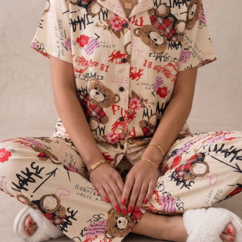 Ekru Ayıcık Desenli Kısa Kollu Gömlek Yaka Milan Kumaş Kadın Pijama Takımı