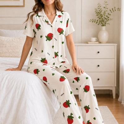 Ekru Çilek Desenli Kısa Kollu Gömlek Yaka Milan Kumaş Kadın Pijama Takımı