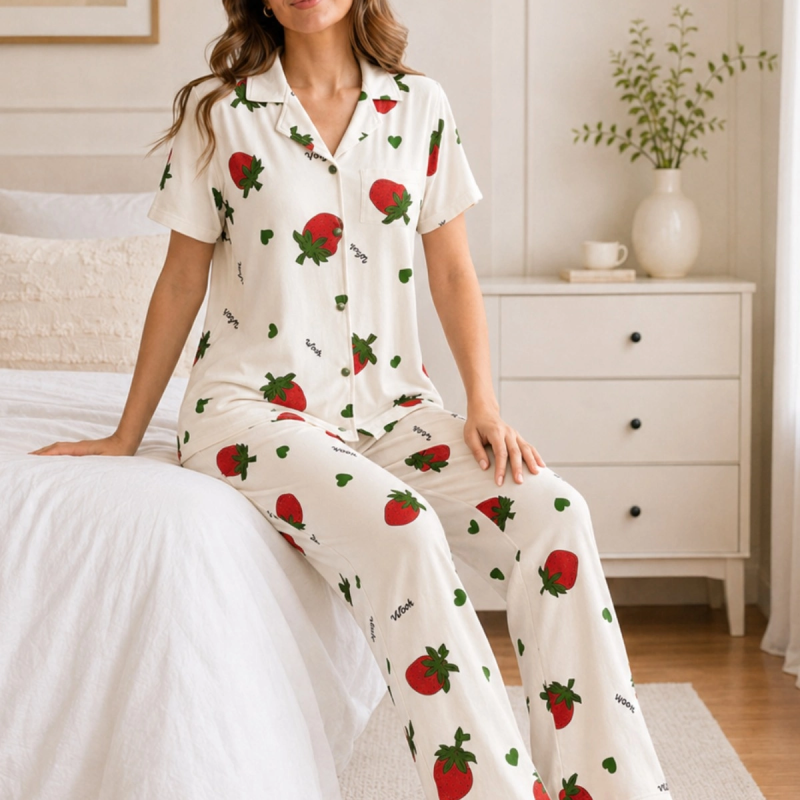 Ekru Çilek Desenli Kısa Kollu Gömlek Yaka Milan Kumaş Kadın Pijama Takımı