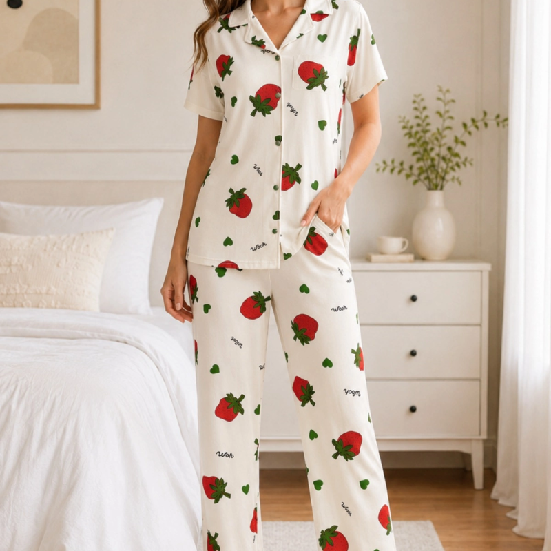 Ekru Çilek Desenli Kısa Kollu Gömlek Yaka Milan Kumaş Kadın Pijama Takımı
