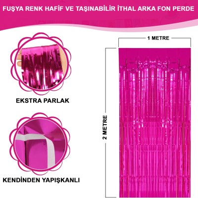Ekstra Metalize Parlak Saçaklı Arka Fon Perde Fuşya
