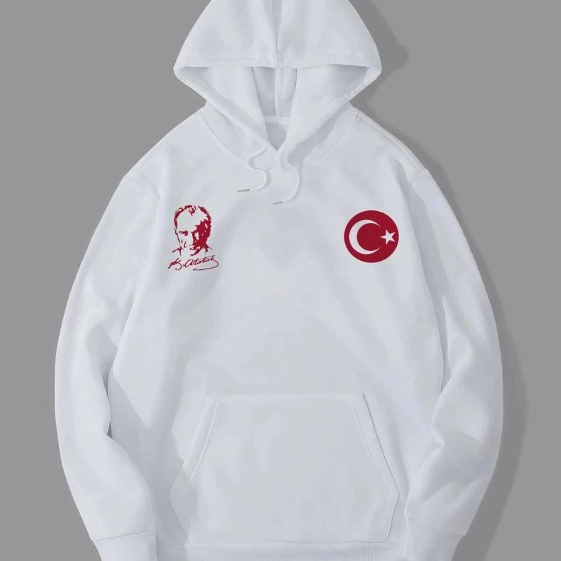 Erkek 10 Kasıma Özel 3 İplik Kapüşonlu Baskılı SweatShirt Hoodie - Beyaz Erkek 10 Kasıma Özel 3 İplik Kapüşonlu Baskılı SweatShirt Hoodie - Beyaz