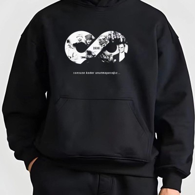 Erkek 10 Kasıma Özel 3 İplik Kapüşonlu Baskılı SweatShirt Hoodie - Siyah Erkek 10 Kasıma Özel 3 İplik Kapüşonlu Baskılı SweatShirt Hoodie - Siyah