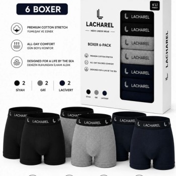 Erkek 12'li İç Giyim Seti Pamuklu 6 Boxer 6 Çorap Çoklu Paket - Siyah - Lacivert - Gri - Beyaz