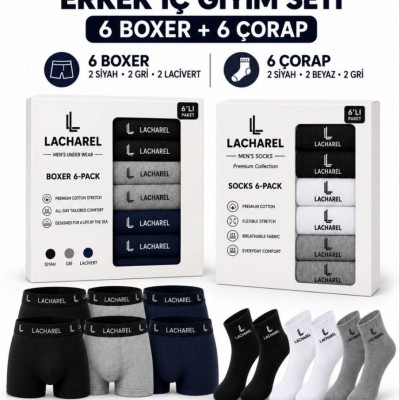 Erkek 12'li İç Giyim Seti Pamuklu 6 Boxer 6 Çorap Çoklu Paket - Siyah - Lacivert - Gri - Beyaz Erkek 12'li İç Giyim Seti Pamuklu 6 Boxer 6 Çorap Çoklu Paket - Siyah - Lacivert - Gri - Beyaz