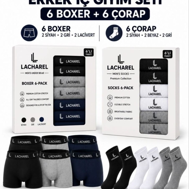 Erkek 12'li İç Giyim Seti Pamuklu 6 Boxer 6 Çorap Çoklu Paket - Siyah - Lacivert - Gri - Beyaz Erkek 12'li İç Giyim Seti Pamuklu 6 Boxer 6 Çorap Çoklu Paket - Siyah - Lacivert - Gri - Beyaz