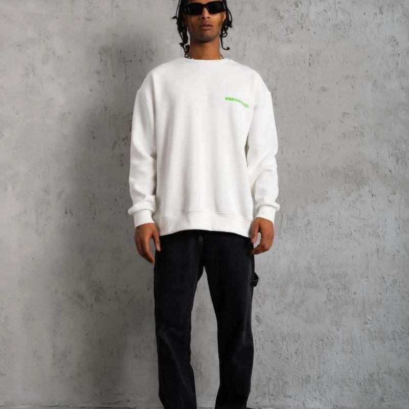 Erkek 3 iplik Bisiklet yaka Baskılı Sweatshirt - Beyaz