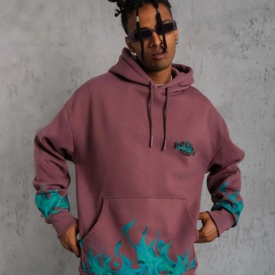 Erkek 3 İplik içi Pamuklu Alev Baskılı Kapüşonlu hoodie Sweatshirt - Gül Kurusu Erkek 3 İplik içi Pamuklu Alev Baskılı Kapüşonlu hoodie Sweatshirt - Gül Kurusu