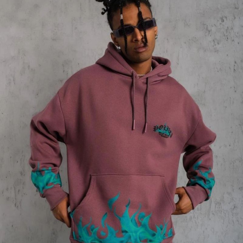 Erkek 3 İplik içi Pamuklu Alev Baskılı Kapüşonlu hoodie Sweatshirt - Gül Kurusu Erkek 3 İplik içi Pamuklu Alev Baskılı Kapüşonlu hoodie Sweatshirt - Gül Kurusu
