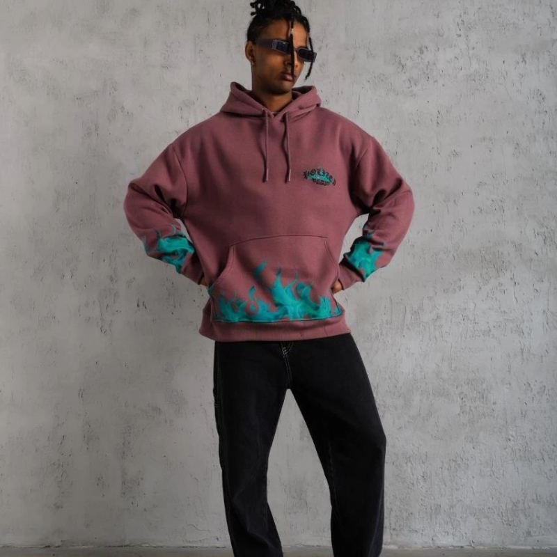 Erkek 3 İplik içi Pamuklu Alev Baskılı Kapüşonlu hoodie Sweatshirt - Gül Kurusu Erkek 3 İplik içi Pamuklu Alev Baskılı Kapüşonlu hoodie Sweatshirt - Gül Kurusu