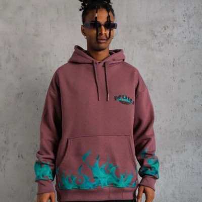 Erkek 3 İplik içi Pamuklu Alev Baskılı Kapüşonlu hoodie Sweatshirt - Gül Kurusu Erkek 3 İplik içi Pamuklu Alev Baskılı Kapüşonlu hoodie Sweatshirt - Gül Kurusu