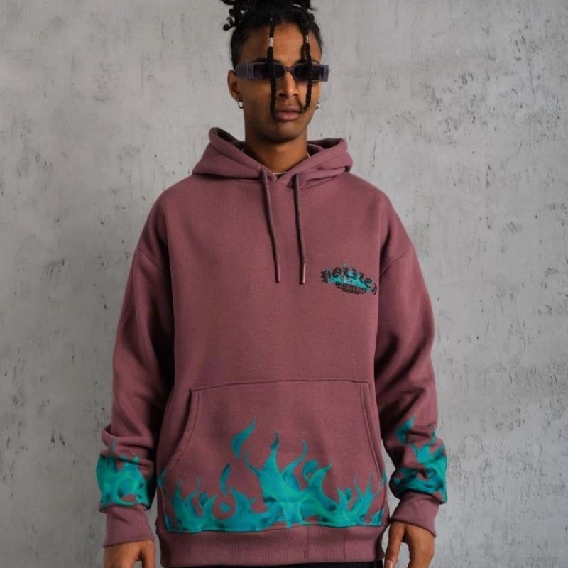 Erkek 3 İplik içi Pamuklu Alev Baskılı Kapüşonlu hoodie Sweatshirt - Gül Kurusu Erkek 3 İplik içi Pamuklu Alev Baskılı Kapüşonlu hoodie Sweatshirt - Gül Kurusu