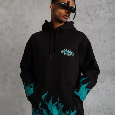 Erkek 3 İplik Pamuklu Alev Baskılı Kapüşonlu hoodie Sweatshirt - Siyah Erkek 3 İplik Pamuklu Alev Baskılı Kapüşonlu hoodie Sweatshirt - Siyah
