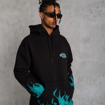 Erkek 3 İplik Pamuklu Alev Baskılı Kapüşonlu hoodie Sweatshirt - Siyah Erkek 3 İplik Pamuklu Alev Baskılı Kapüşonlu hoodie Sweatshirt - Siyah